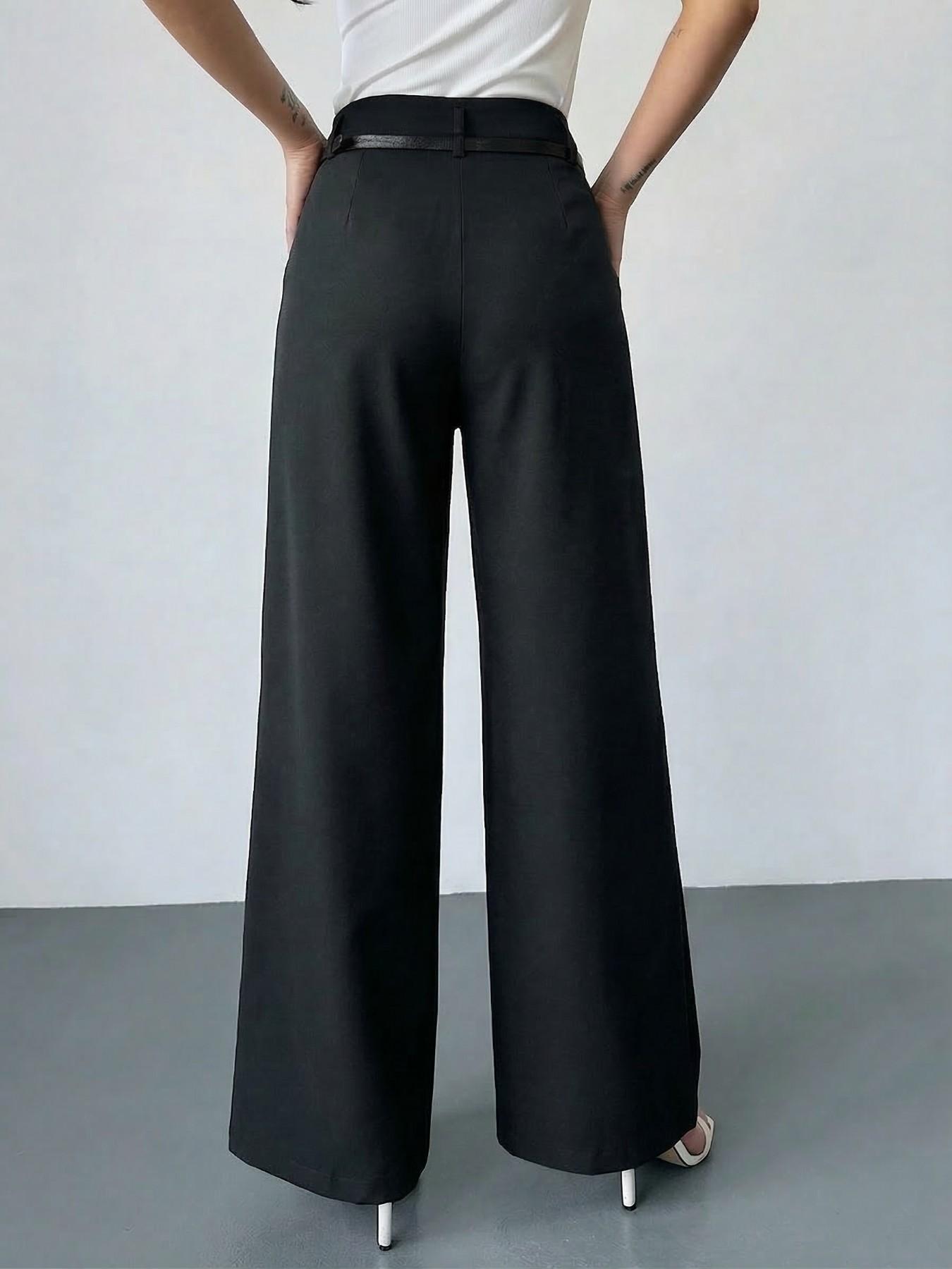 Women's Elastic Waist Solid Color Zipper Button Pocket Wide Leg Trouser Pants, Elegant Commuter Multi-Functional Office Wear Womenswear