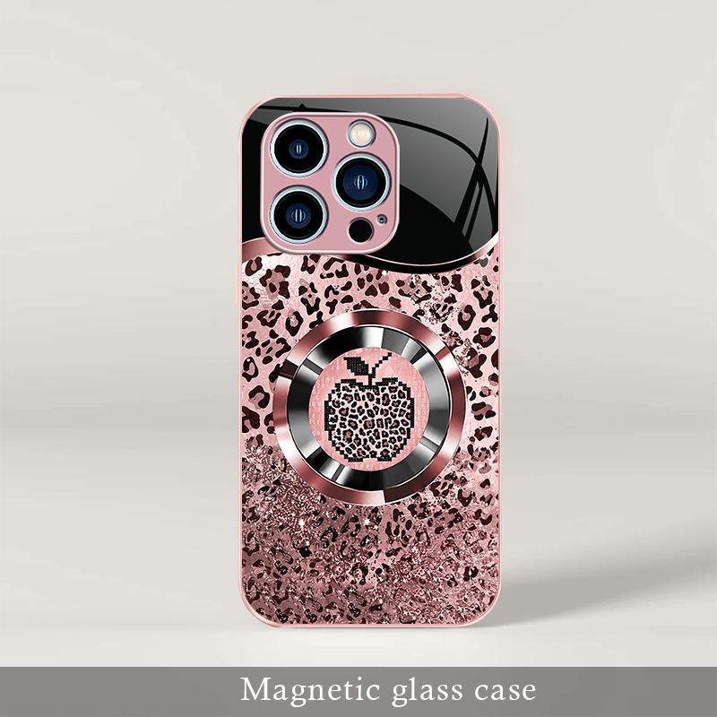 Trending “Affordable Luxury” Pink Glitter Mermaid Scale & Leopard Print MagSafe Glass Case for iPhone 14 Pro Max — 9435