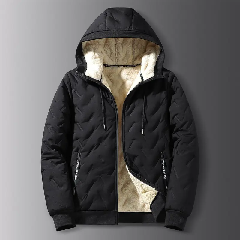 2026 Men's New Fashion Hooded and Velvet Jacket with Long Sleeve, Fleece Inner Lining, Waterproof and Windproof, Unique Texture, Zipper, Essential Solid Color Coat for Autumn and Winter, Daily Leisure, Outdoor Casual Menswear