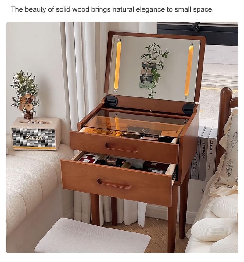 【HOT】Small Space Vanity Desk, 100% Solid Wood Makeup Table, Flip-Top Mirror with Lights, Space-Saving Makeup Table with Drawers, Adjustable Brightness, Elegant & Functional Vanity, Narrow Space Available