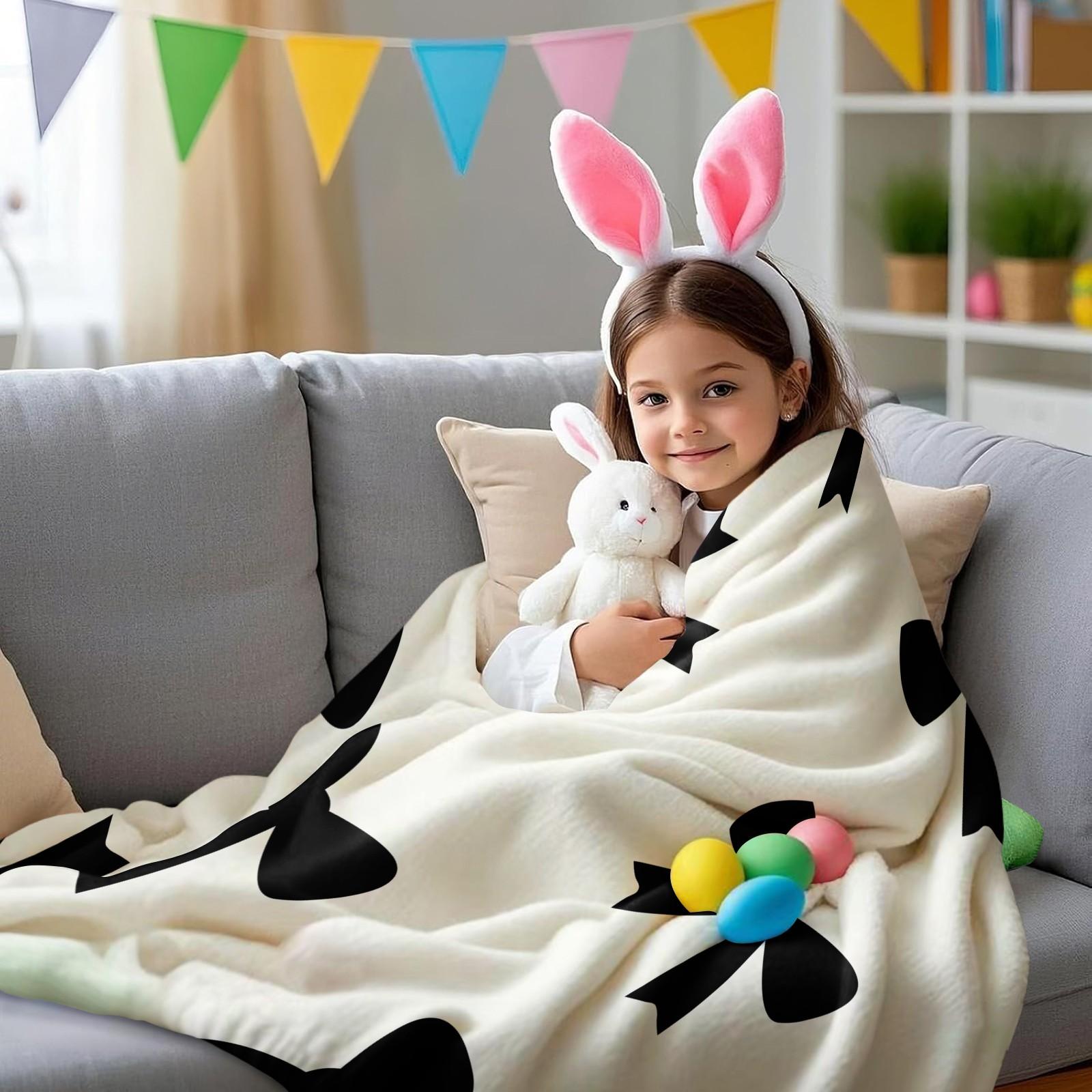 Cute Bow Knot Throw Blanket, Kawaii Pastel Ribbon Soft Flannel Blanket for Sofa Bed, Cozy Gift for Girls Women