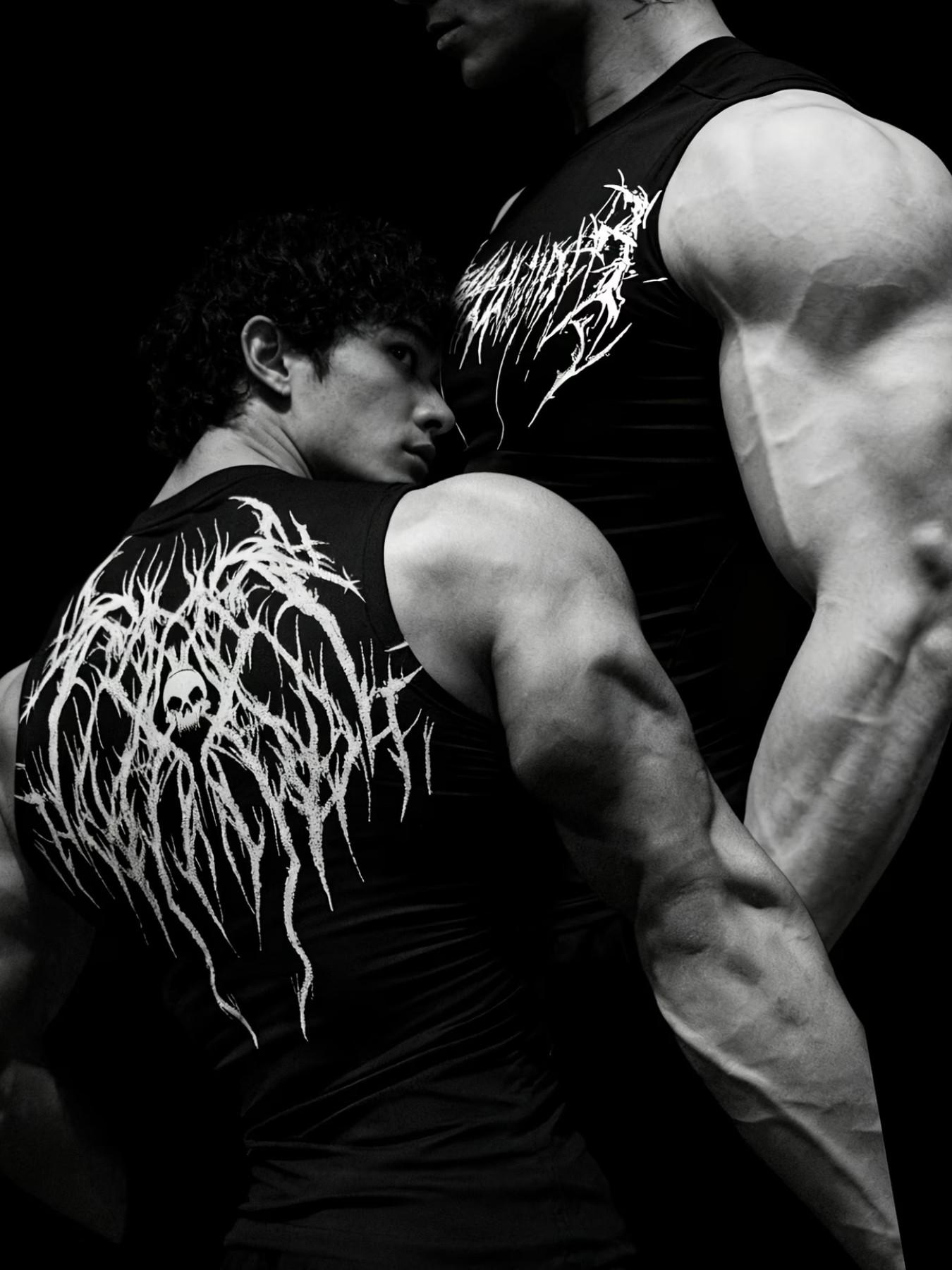 Dark Personality Print Tight Fit Sleeveless T-Shirt, Quick-Dry Elastic Gym Training Top, European Style Muscle Show Sport Vest