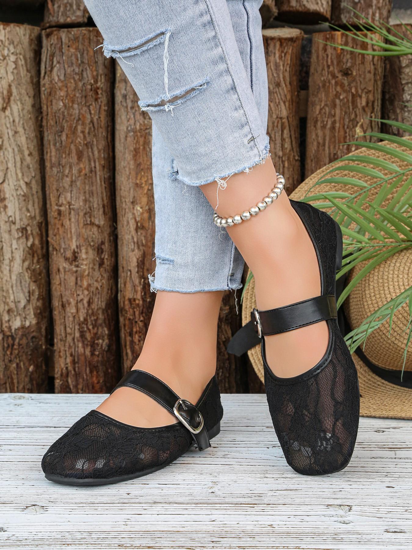 2026 Summer Hollow Out Mesh Square Toe Lace Mary Jane Shoes, Breathable Flat Shoes, Soft Sole Versatile Buckle Single Shoe