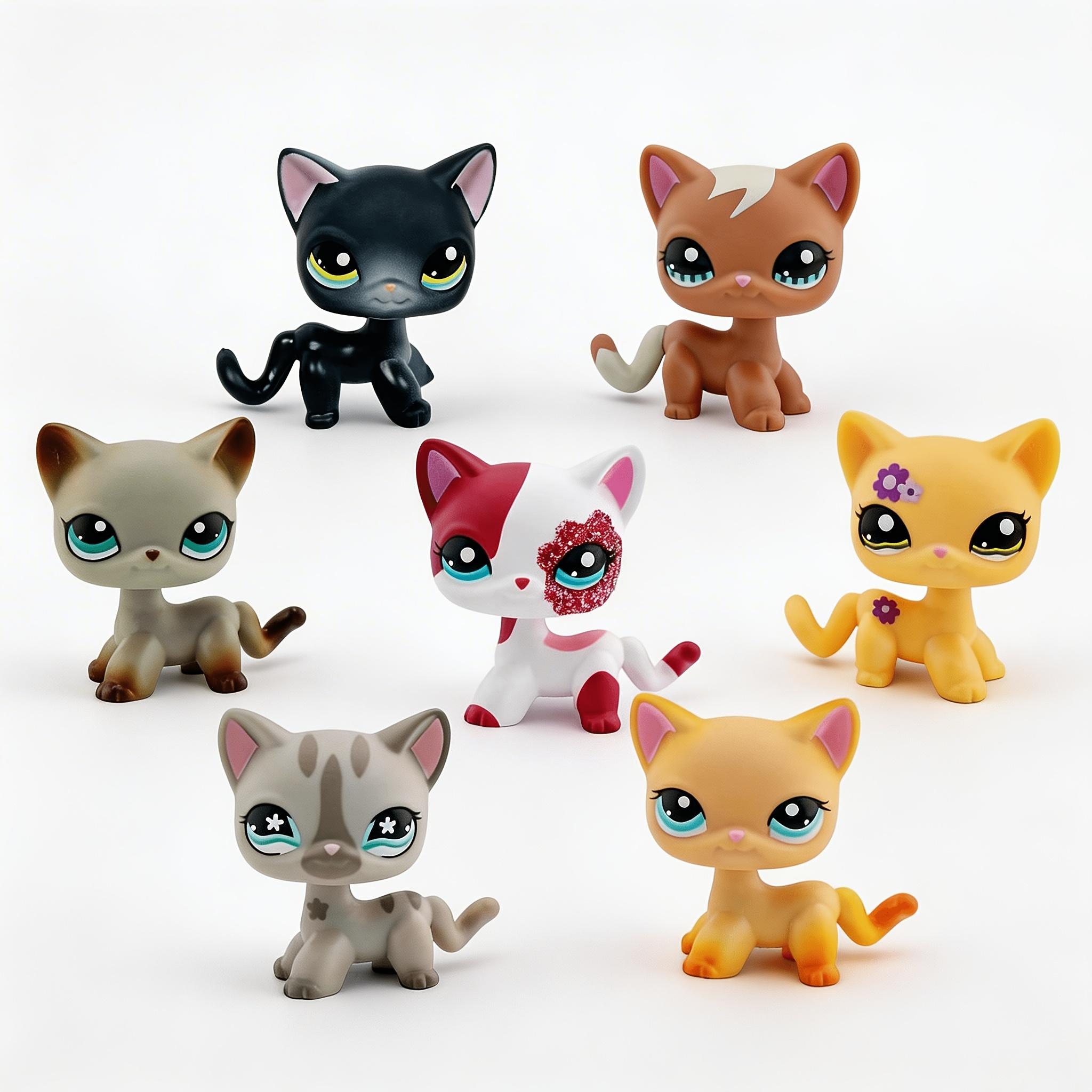 7pcs Mini Pet Shop Lps Shorthair Cat Statues Set, Animal Decorative Figurines, Different Eyes, Rare Collectible Figures, Perfect Gift for Lps Fans, Indoor & Outdoor Decor