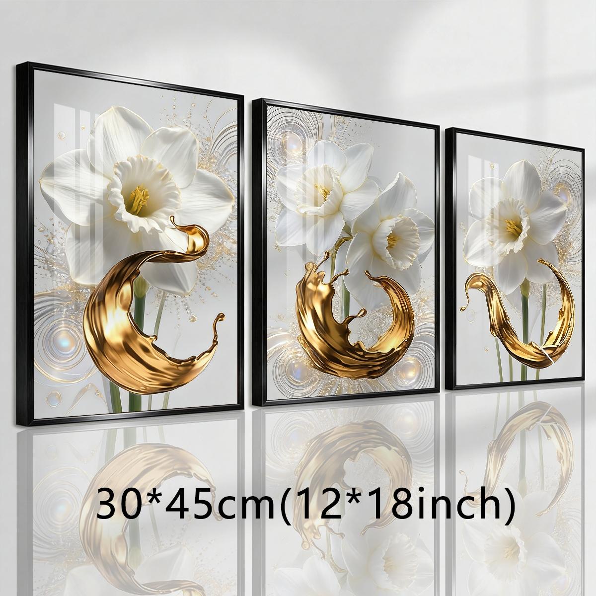 3 Counts Aluminum Alloy Framed Painting, White Daffodil Flowers With Golden Liquid Art Pictures, Home Decoration For Living Room, Bedroom, Office, Restaurant, Hallway Wall Decor, Odorless Print Artwork, Luxury Perfect Gift For Friends And Family