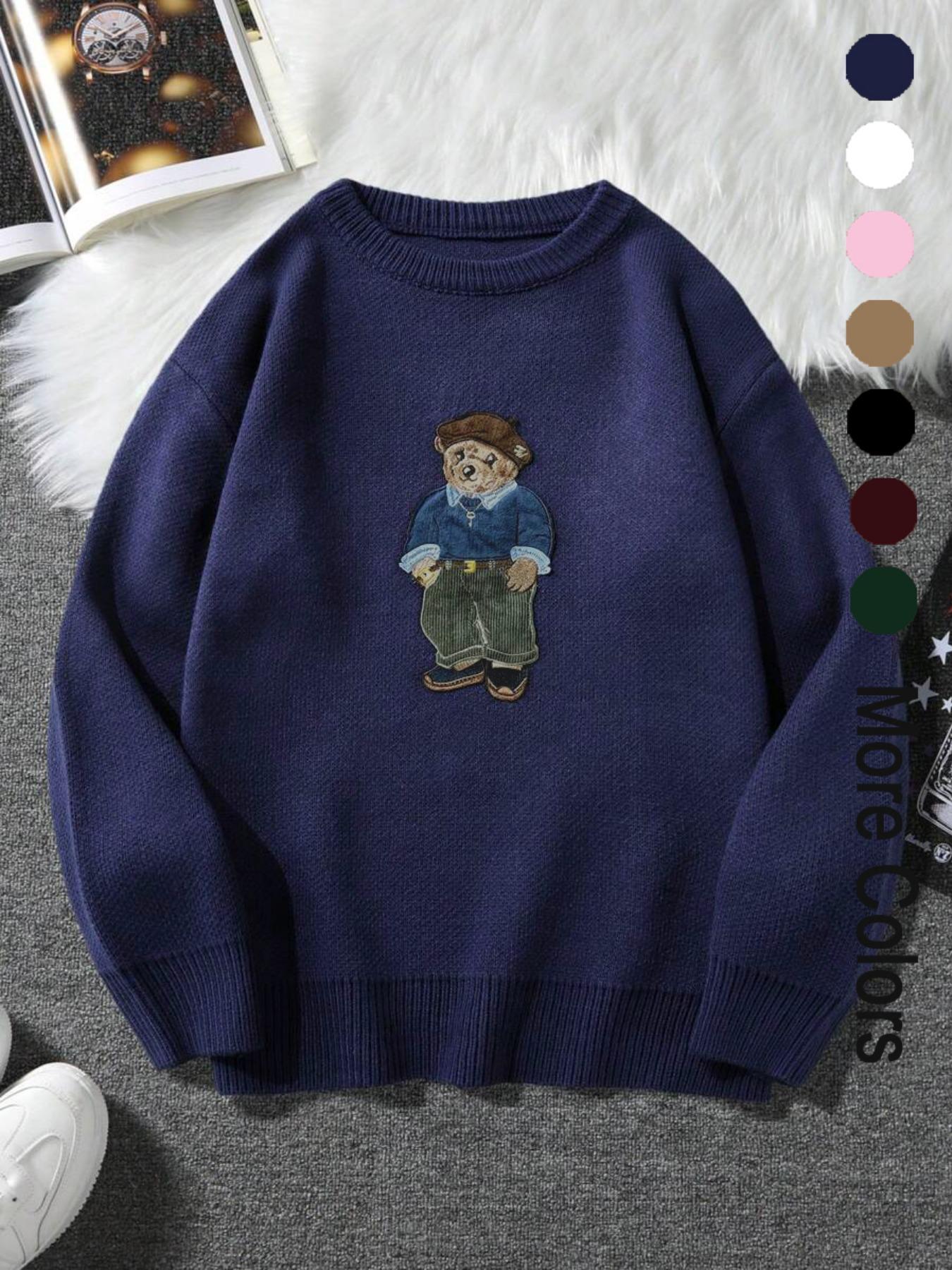 Unisex Cartoon Bear Print Crew Neck Sweater Crewneck, Casual Loose Long Sleeve Jumper For Fall & Winter, Fashion Ladies' Knitwear For Daily Wear
