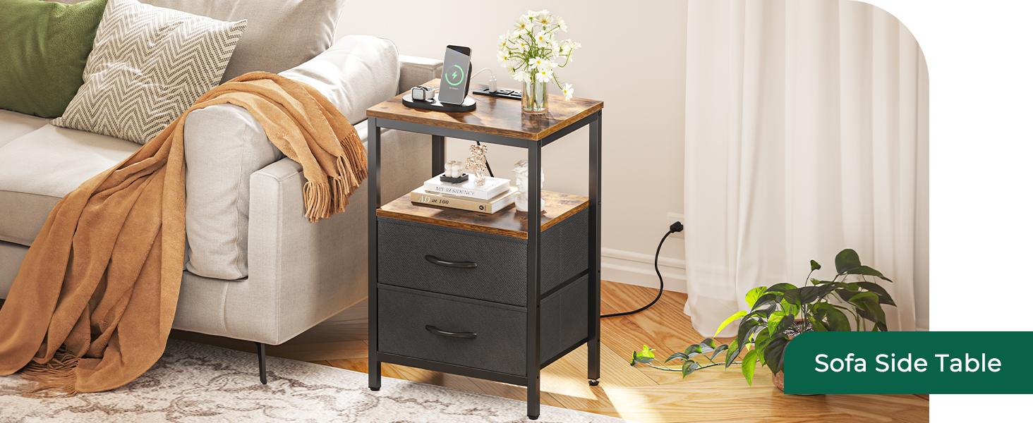 Huuger Nightstand with Charging Station, Side Table with Fabric Drawers, End Table with Open Shelf, Bedside Table with USB Ports and Outlets, Night Stand for Bedroom
