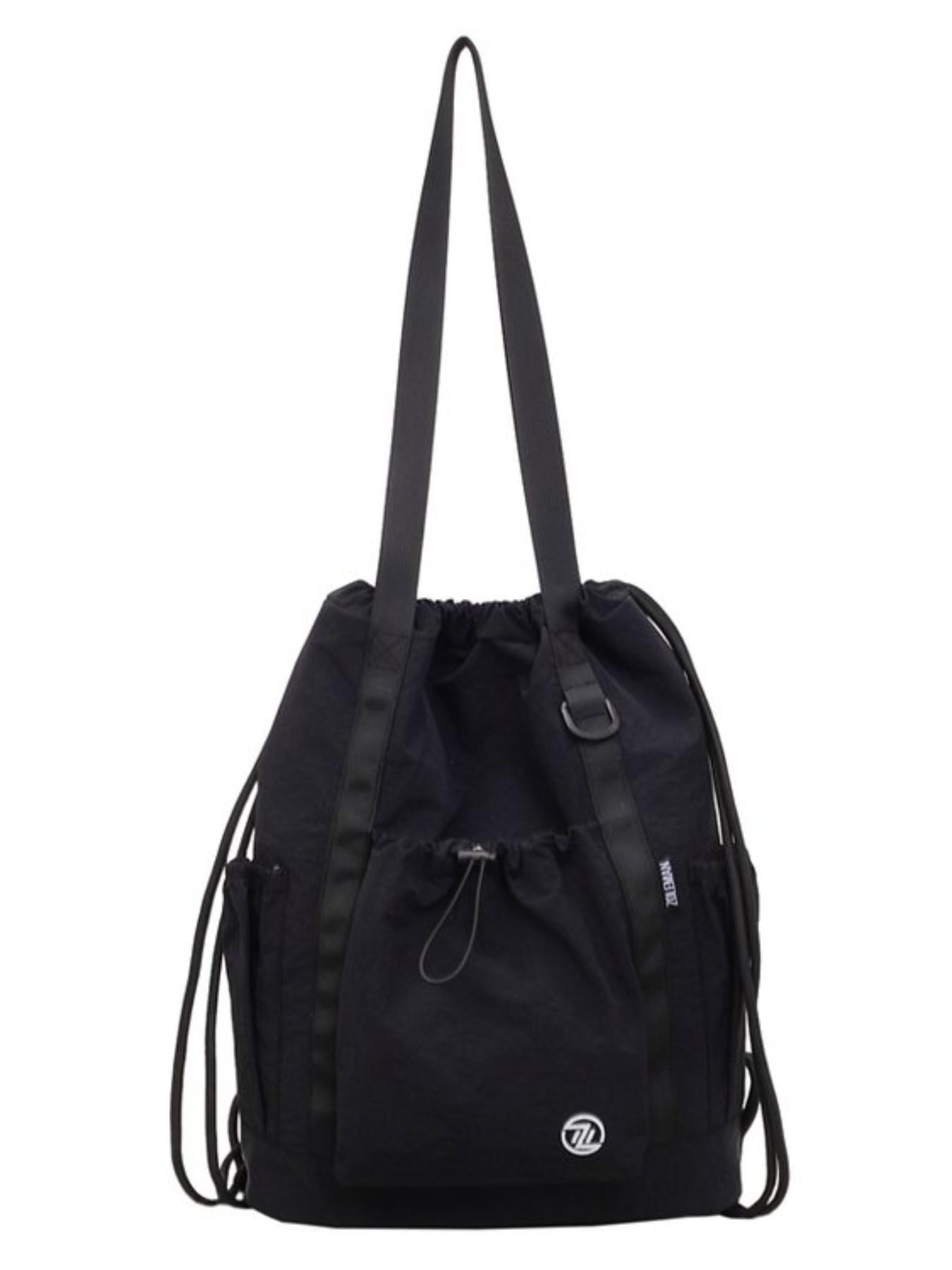 Large Capacity Drawstring Tote Backpack, Lightweight Nylon Shoulder Bag with Secure Pockets, Foldable Unisex Casual Daily Bag, Travel Fitness Shopping Bag