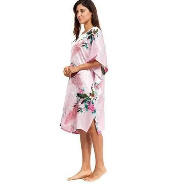 Brand New Pink Female Silk Rayon Robe Nightshirt Summer Bathrobe Gown Sleepwear Flower Home Dress Peacock Plus Size 6XL A-074