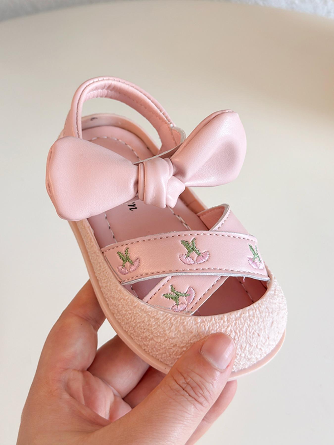 Cherry Embroidery Bow Infant Sandals, Sweet Princess Style, Easy-On Velcro, Soft Toe Protection, Non-Slip Rubber Sole, Summer