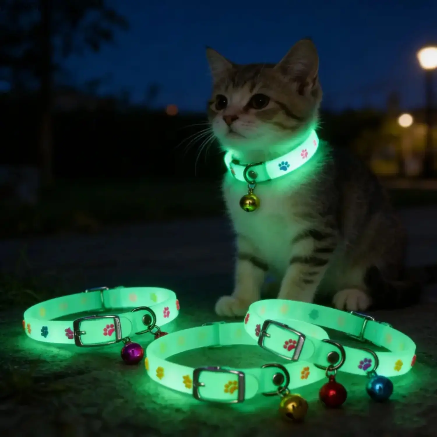 5-Pack Glow-in-Dark Pet Collars - Cute Paw Print Luminescent Band with Safety Buckle, Adjustable Size Anti-Lost Neckwear for Small Dogs, Assorted Colors Gift for Night Walking