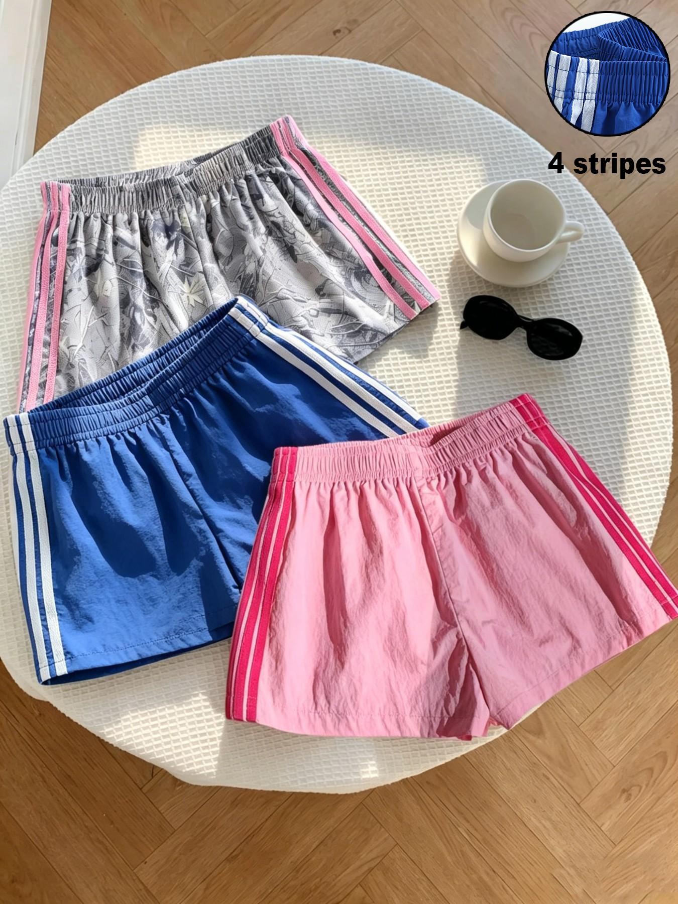 Trendy Comfortable 3-Piece Women's Casual Loose Short Pants, Side Stripe Design, Striped, Elastic Waist, Perfect for Spring Summer Carnival Activities, Casual Fashionable Shorts