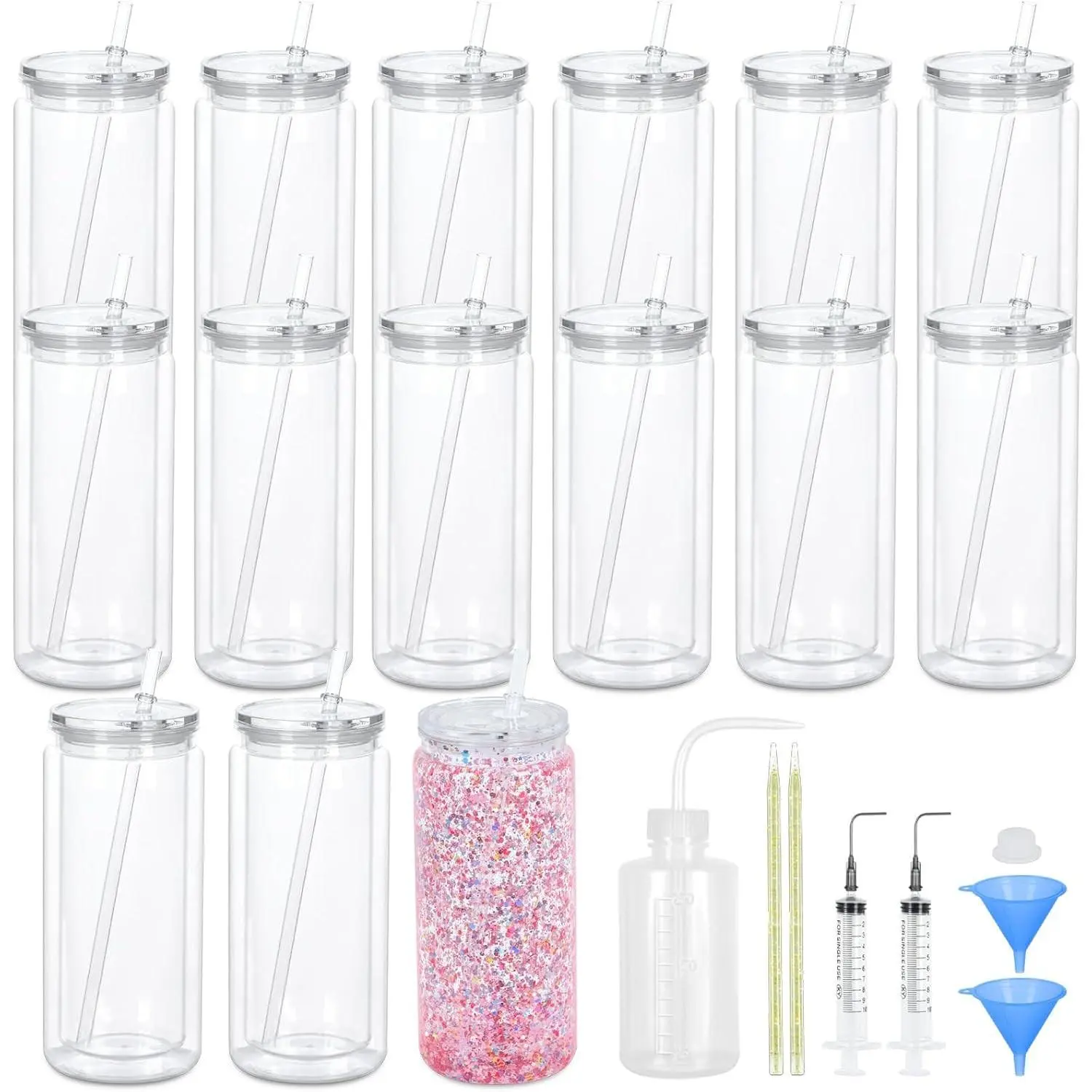 15 Pack Acrylic Snow Globe Tumbler, 20 Oz Pre Drilled Double Wall Snow Globe Supplies Kit, Plastic Snowglobe Tumbler DIY Kit Including Cups and DIY Tools