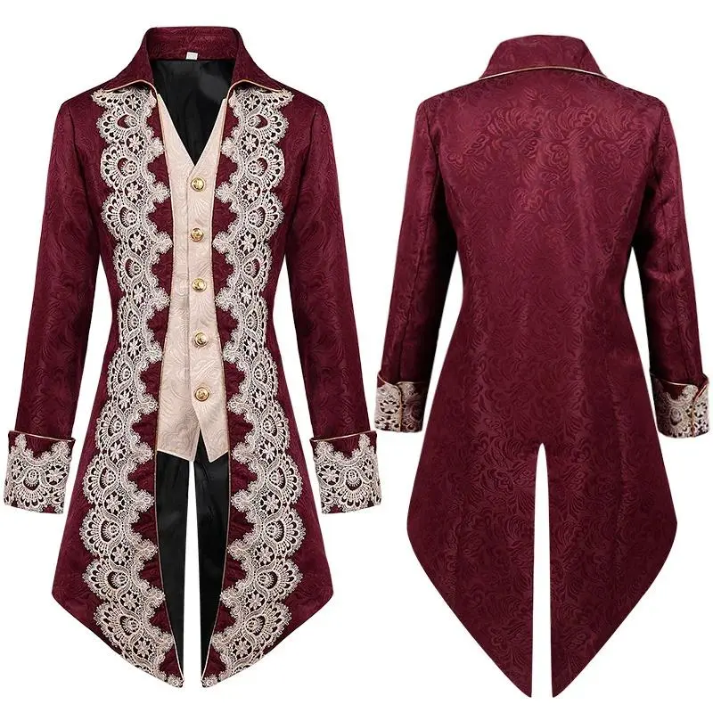 Men's Steam Punk Medieval Tailcoat Gothic Victorian Dress Coat Uniform with Lace Halloween Cosplay Stage Performance Clothing
