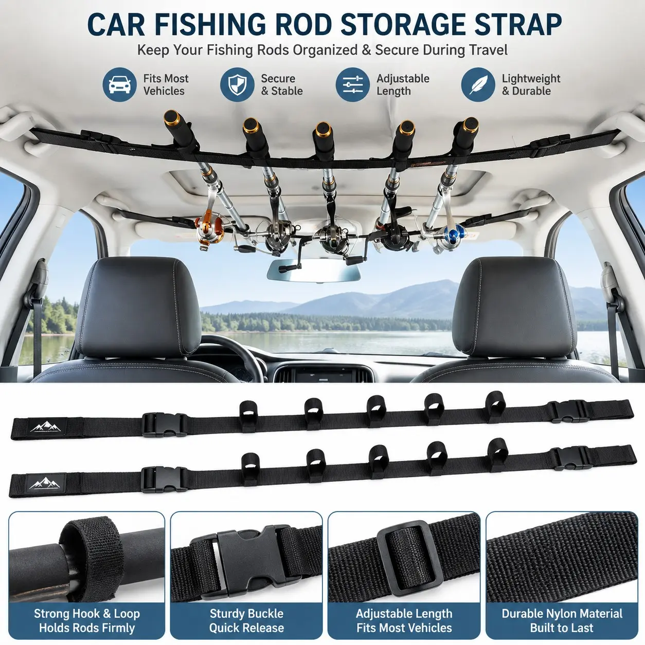 2-piece car fishing rod holder - Fishing rod car holder with 5 rod capacity, adjustable 30 to 51 inch horizontal roof storage strap, suitable for SUVs, trucks, and vans, black, Car Accessory
