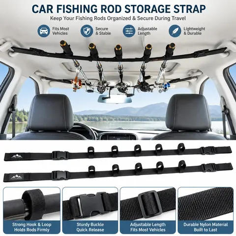 2-piece car fishing rod holder - Fishing rod car holder with 5 rod capacity, adjustable 30 to 51 inch horizontal roof storage strap, suitable for SUVs, trucks, and vans, black, Car Accessory