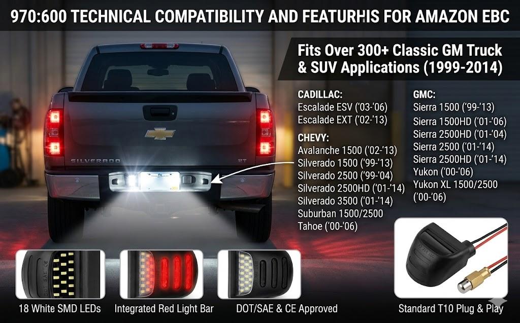 LED License Plate Light Assembly for Chevy Silverado GMC Sierra 1500 2500 3500 Tahoe Suburban Yukon Escalade,2PCS with Red OLED Neon Tube 6000K White Tag Lights Replacement Plug and Play