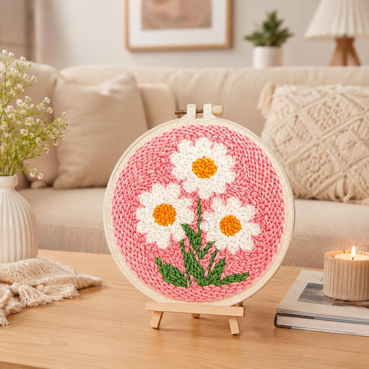 Flower Punch  Kits,Daisy Punch  Kits for Beginners,DIY Punch Embroidery Art & Craft kit for Adults with Video Tutorial