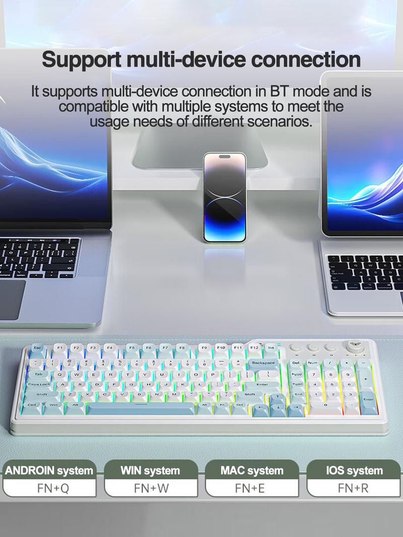 AULA F3099 membrane keyboard, features a 99-key layout, cool lighting effects, RGB Backlight Keyboard, supports wired and wireless connectivity, a 2000mAh rechargeable battery, quiet key presses, and compatibility with Windows/Mac/iOS devices. office use.