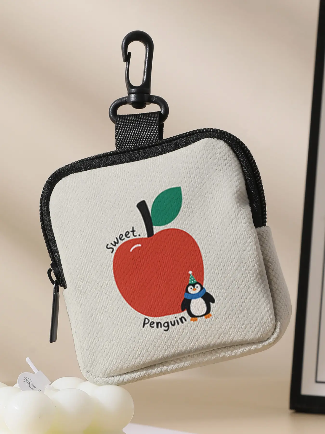 Cartoon Red Apple and Little Penguin 2D Print, Polyester printed pouch, stores keys & cards, nice gift option