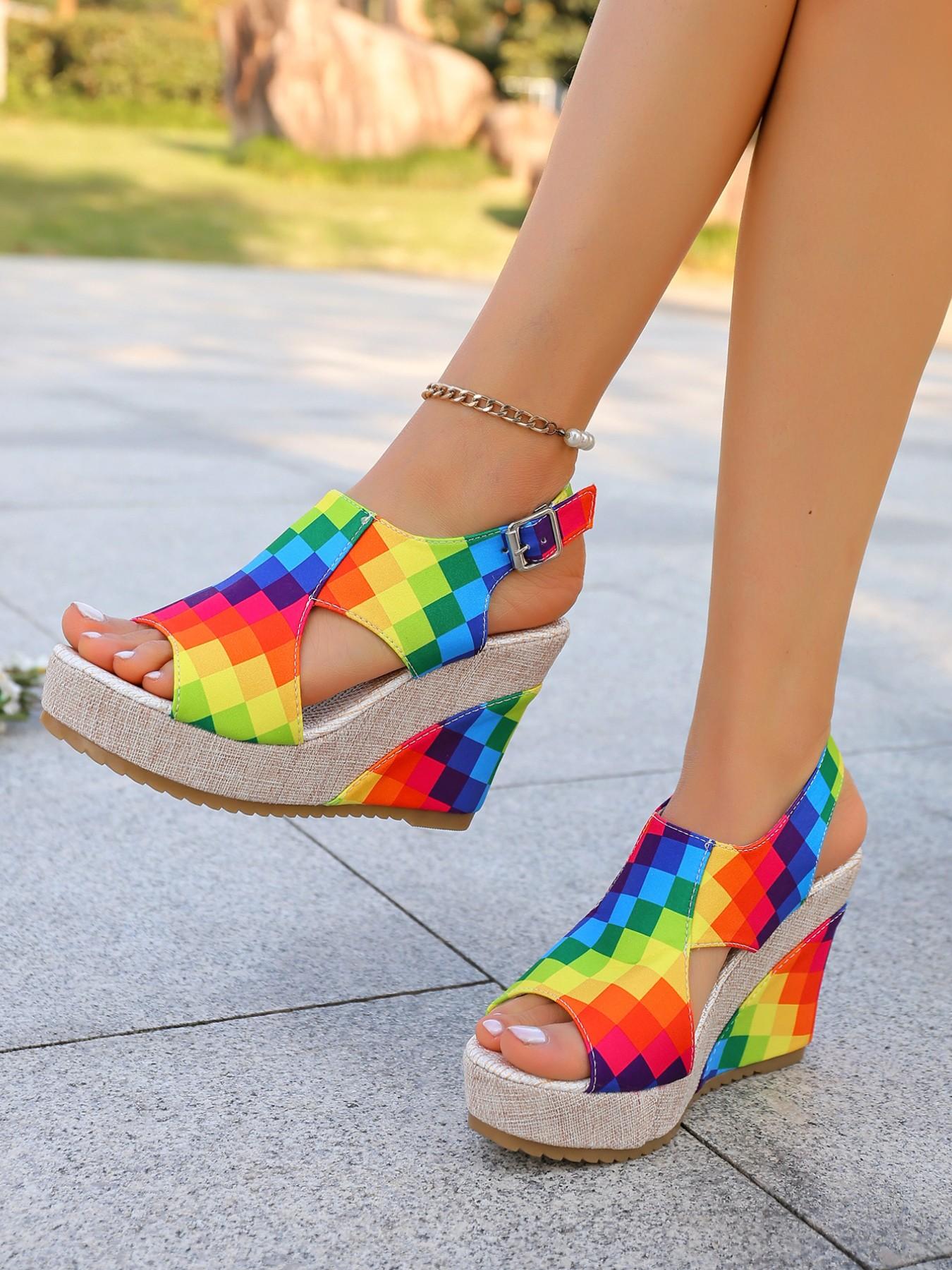 Women's Boho Rainbow Wedge Sandals, Adjustable Back Strap, Thick Sole, Anti-Slip, Comfortable, Multi-Color, Beach Vacation Shoes