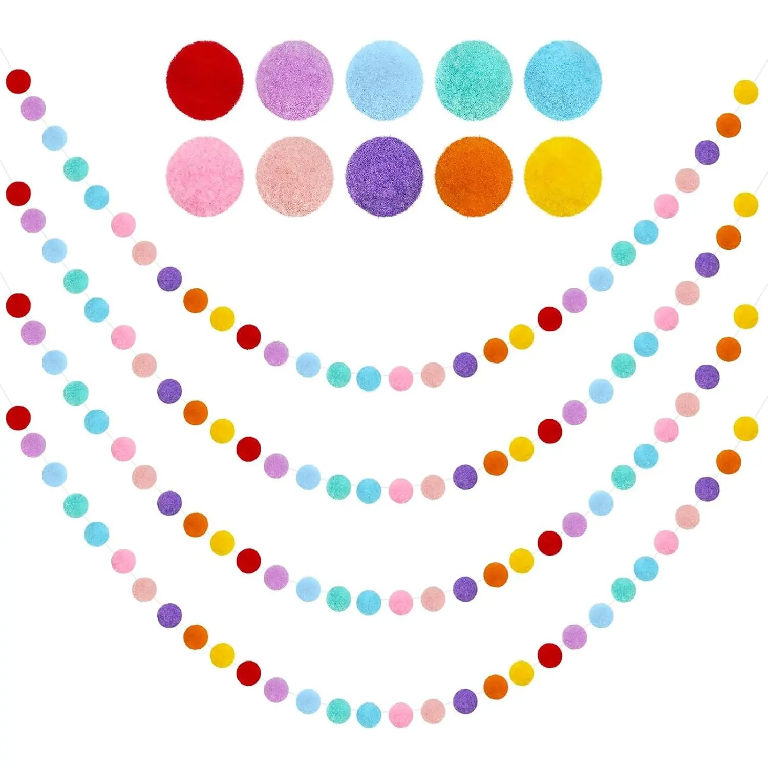 4 Pack Colorful Pom Pom Garland, 26.5  Long Spring Felt Ball Rainbow Banner, 30 Balls 10Color Felt Ball Garland for Easter Decoration Party  Decor