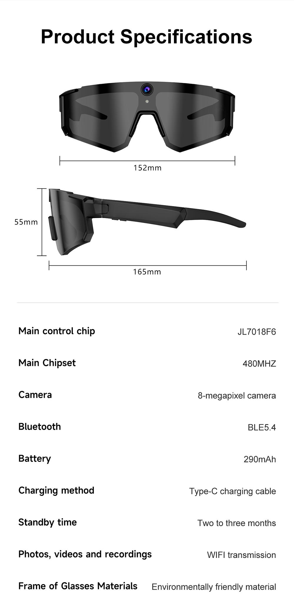Multifunctional video camera smart sunglasses, Sunglasses with camera, 8MP lens for first-person perspective shooting, one-click recording, AI voice interaction translation and recognition, Bluetooth calling 290mAh large capacity battery