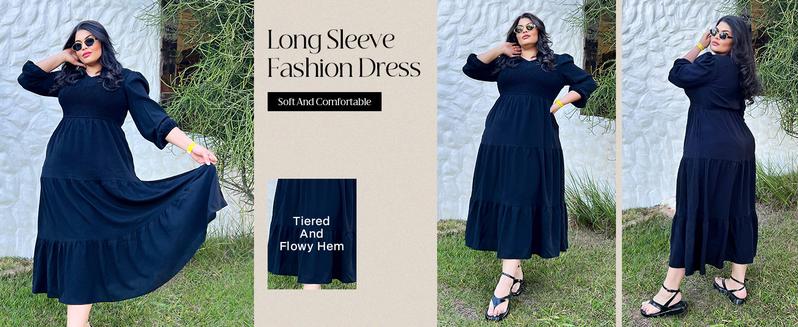 Hanna Nikole Women's Plus Size Dresses Long Sleeve V Neck Maxi Smocked Fall Casual Flowy Tiered Dress with Pockets