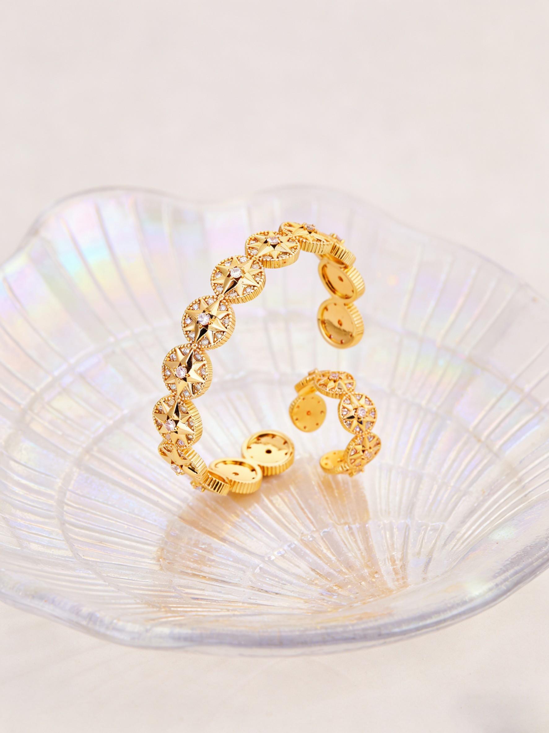 Bangle & Ring Set for Women, Luxury Starburst Cubic Zirconia Open Cuff Bracelet, Gold/Silver 2 Colors Optional, Elegant Jewelry for Office, Commute, Party & Prom