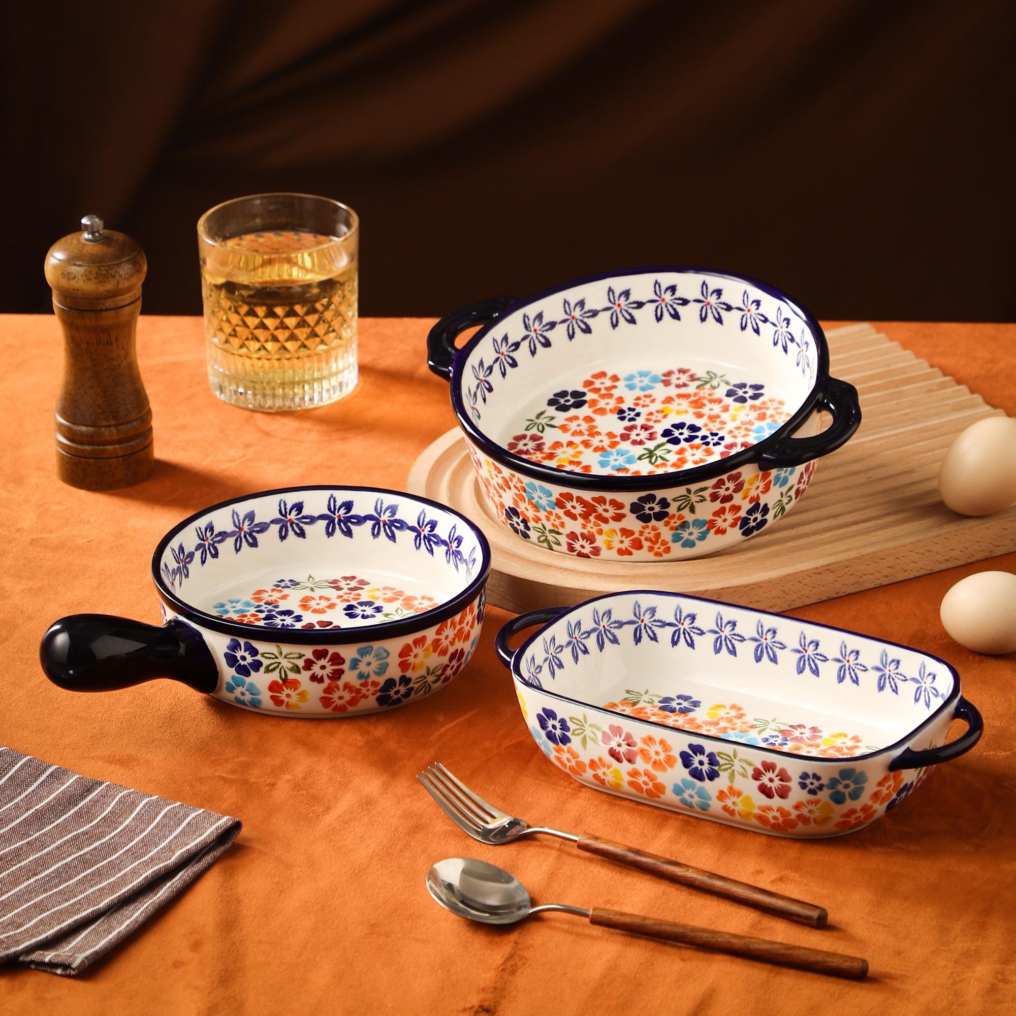 Vintage Ceramic Baking Tray, Heat Resistant Bakeware, Rectangle Fruit Bowl & Cheese Baked Rice Serving Dish, Ideal for Oven & Microwave Use at Home, Thermal Casserole Dish