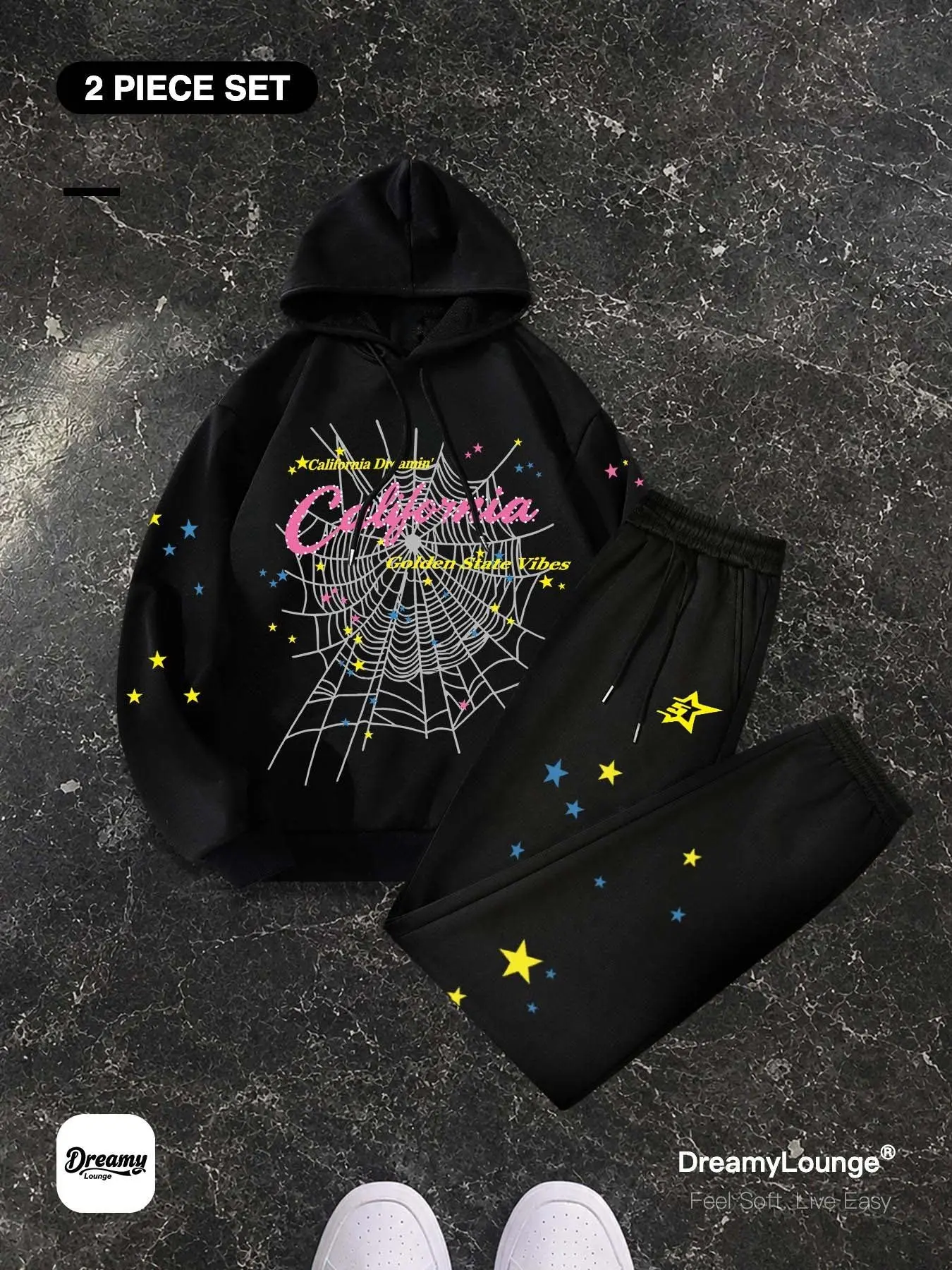 Trendy Graphic Spider Web Star Print ｜2-Piece Set｜Loose-Fit Oversized Hoodie + Jogger Pants, Casual Breathable for Daily Wear and Outdoor Activities, Two Piece Set