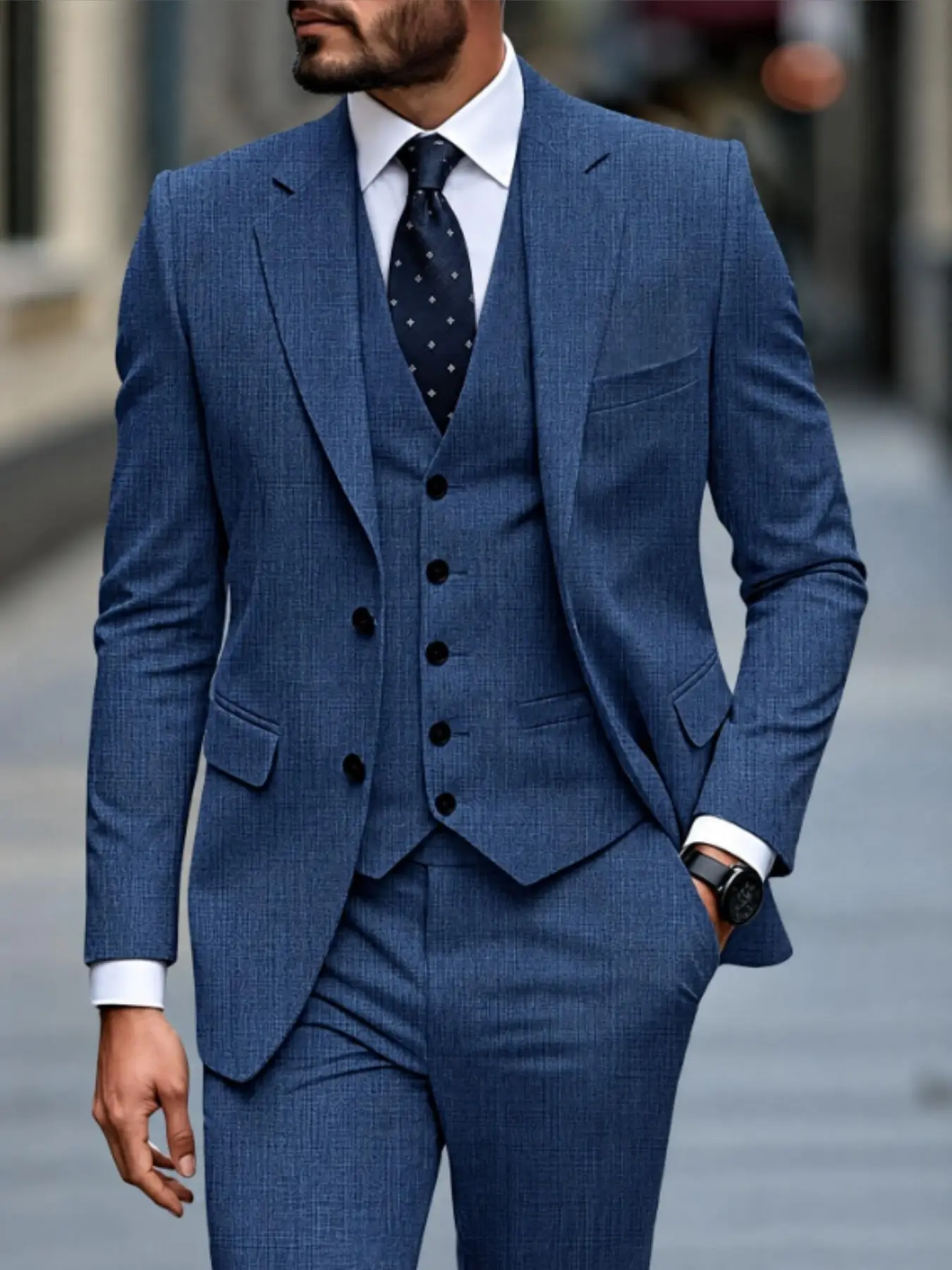 Men's Blue Three-Piece Suit Set, Slim Fit Jacket + Vest + Pants, Classic Business Cut, Ideal for Weddings, Office, Events, Formal Occasions
