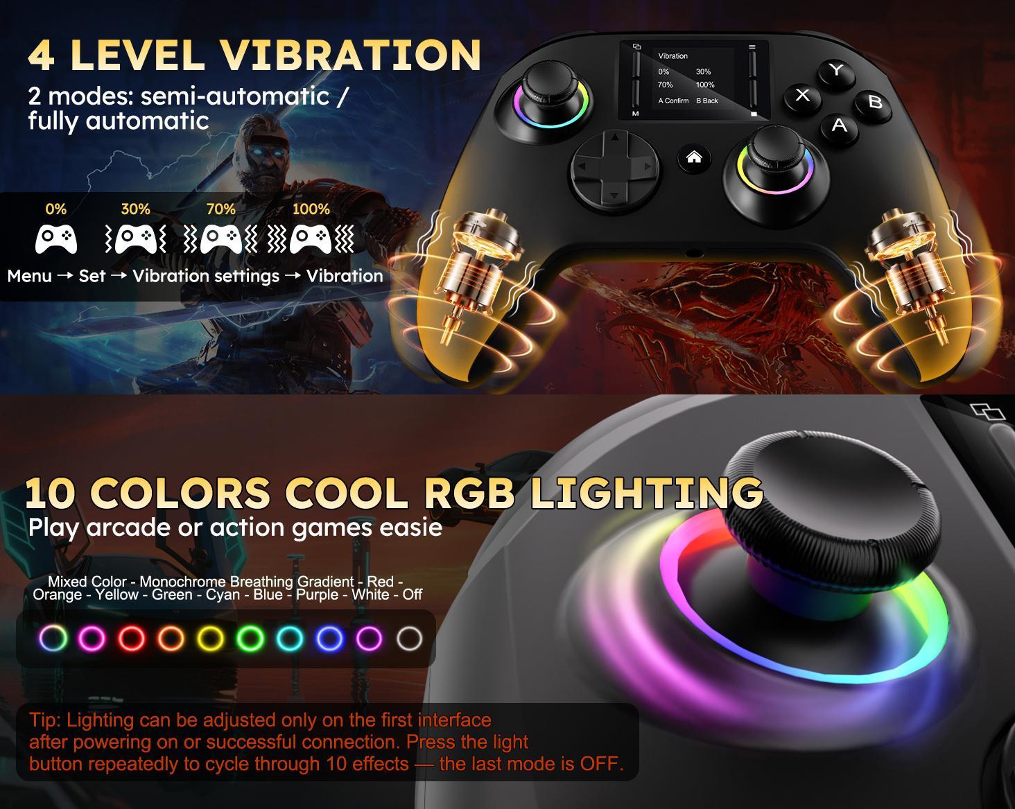 LASTEND Gaming Controller with Visual Display Screen, 1000mAh Battery, Hall Effect Anti-Drift Joysticks, 4 Back Buttons, Turbo Mode, RGB Lighting, Dual Vibration & Gyro, Compatible with PC/PS4/Switch/iOS/Android, No App Needed