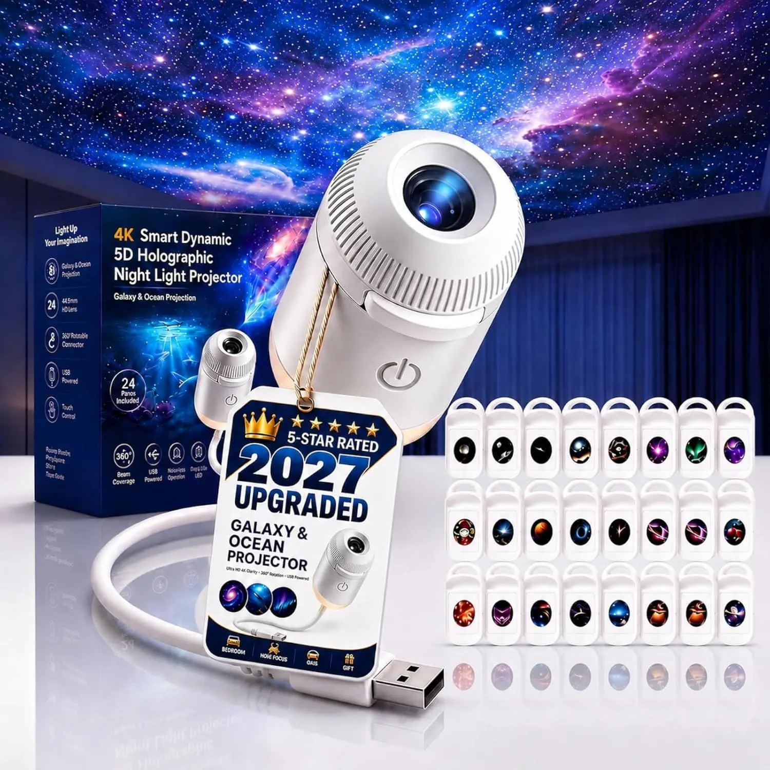 2027 Upgraded Hd Smart Dynamic 5d Holographic Night Light Projector, Plug and Play Hd Star Projector, 360° Adjustable Hd Galaxy and Ocean Projector for Bedroom Ceiling (24 Projection Films)