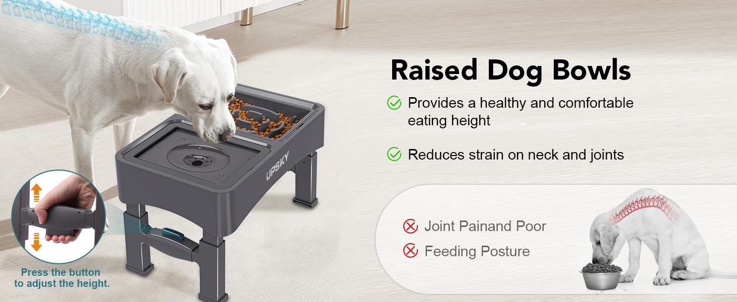 UPSKY 2-in-1 Elevated Dog Bowls Slow Feeder 4 Height Adjustable Raised Stand No Spill Anti-Slip Food Water Bowl for Small Medium Dogs with Anti-Slip Pads