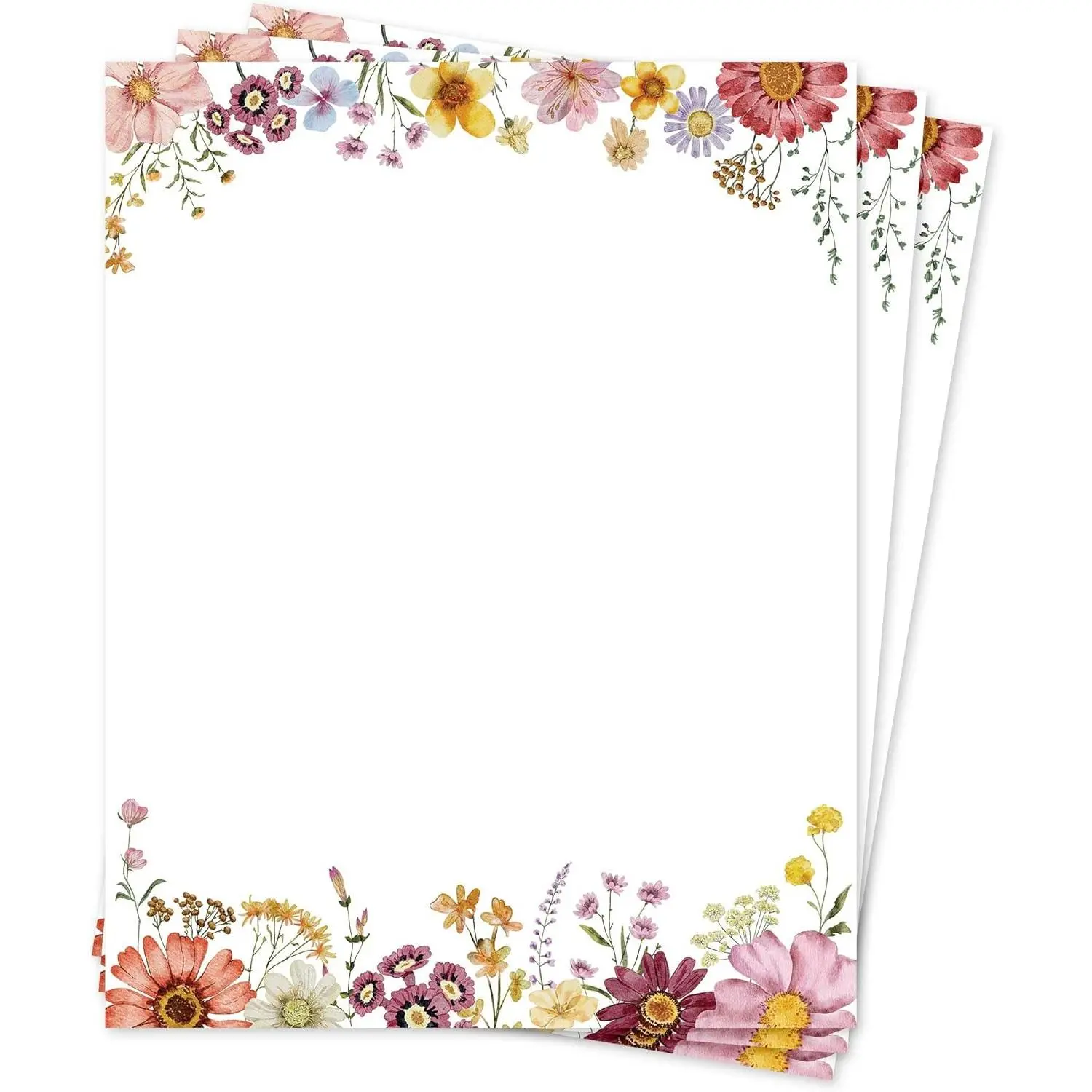 Flower Paper Stationery, Floral Letterhead Paper 8.5 x 11 Inches, 50 Sheets, Elegant Writing Paper, Pretty Stationary Paper, Decorative Printer Papr, Spring Wildflower Letter Paper Set