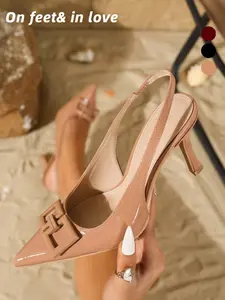 2026 Summer Women's Patent Leather Pointed Toe Slingback Heels, Geometric Square Buckle Stiletto Pumps with Elastic Strap, 3 Colors Elegant Office Party Date Shoes Comfortable elegant women shoes for outdoor wear, suitable for commuting, parties and dates