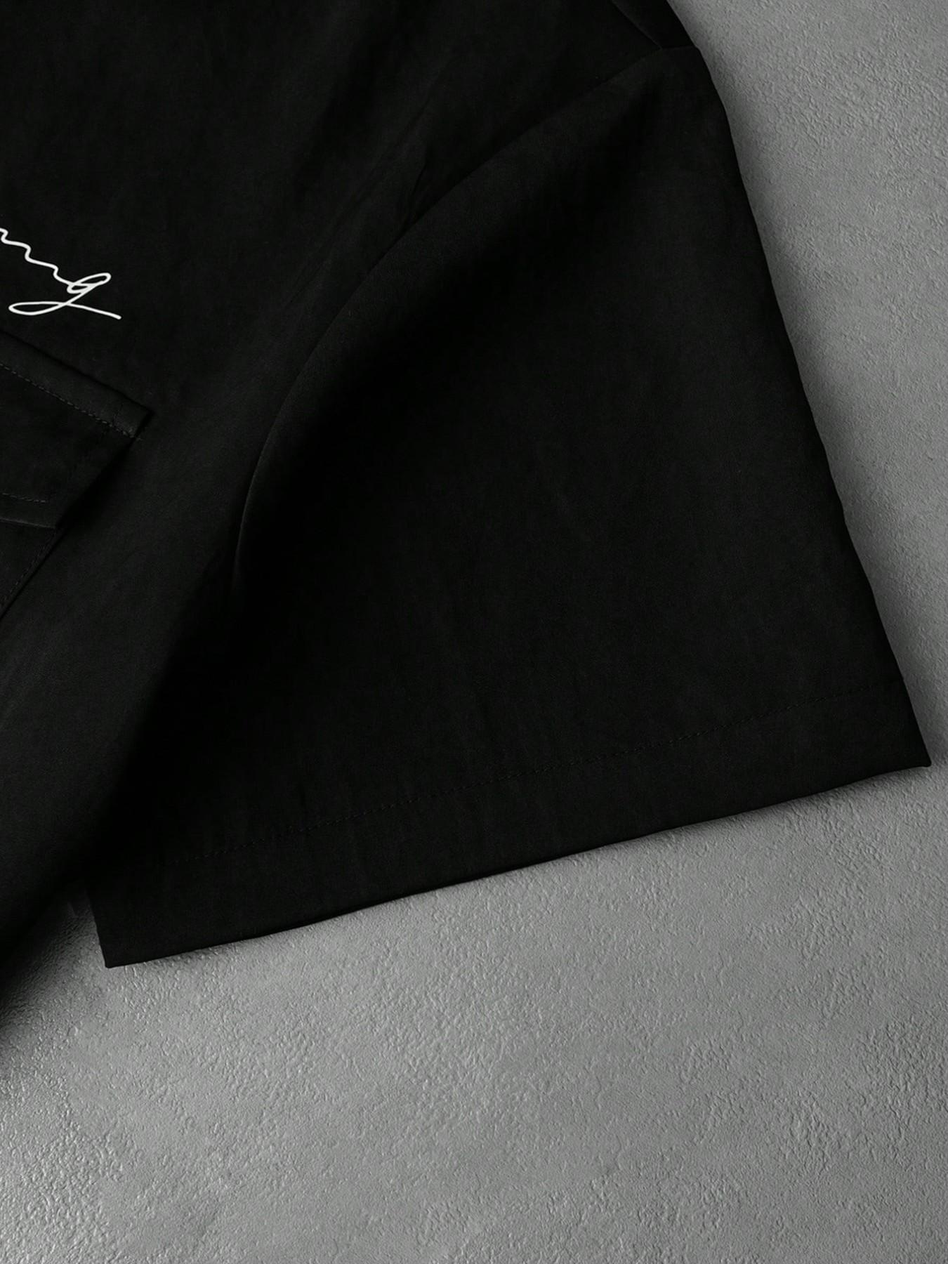Neutral Zipper Short Sleeve Shirt, Casual Signature Embroidery Pocket Streetwear Top, Loose-Fitting Figure Pattern Clothing