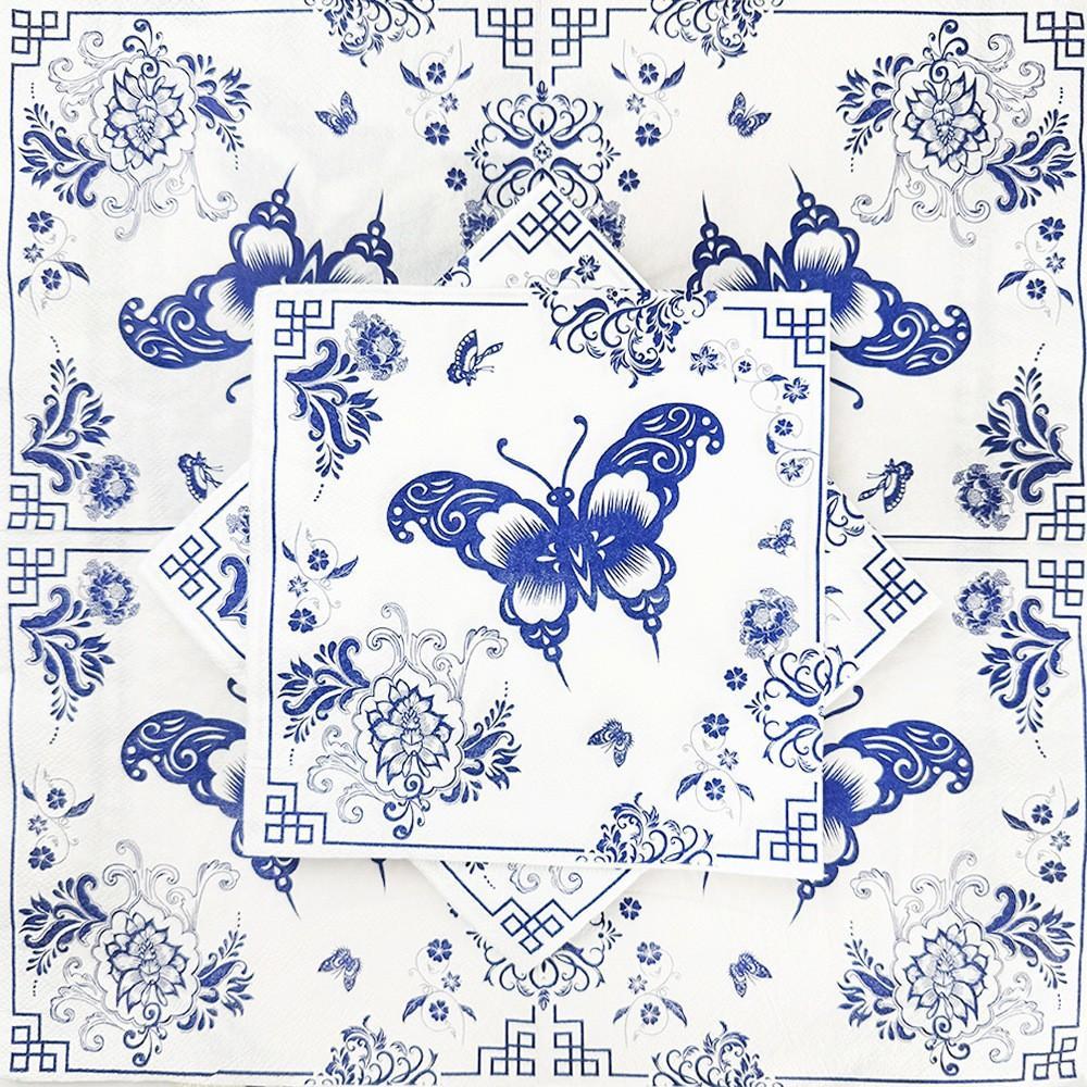 Blue Floral Bird Pattern Napkins, 2 Packs (20 Sheets/pack), Traditional Style Disposable Napkins for Wedding Party Decorations