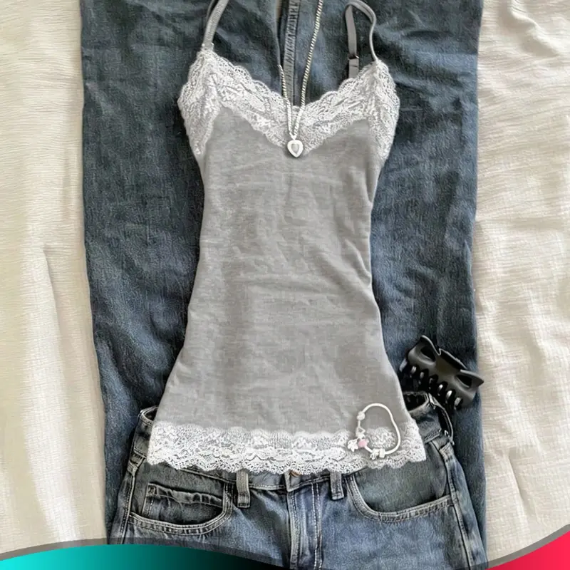 Women's Fashion Lace Trim Tank Top, Pure Desire Slim Fit Bralette, Summer Y2K Street Style, Casual Trendy and Stylish Clothing