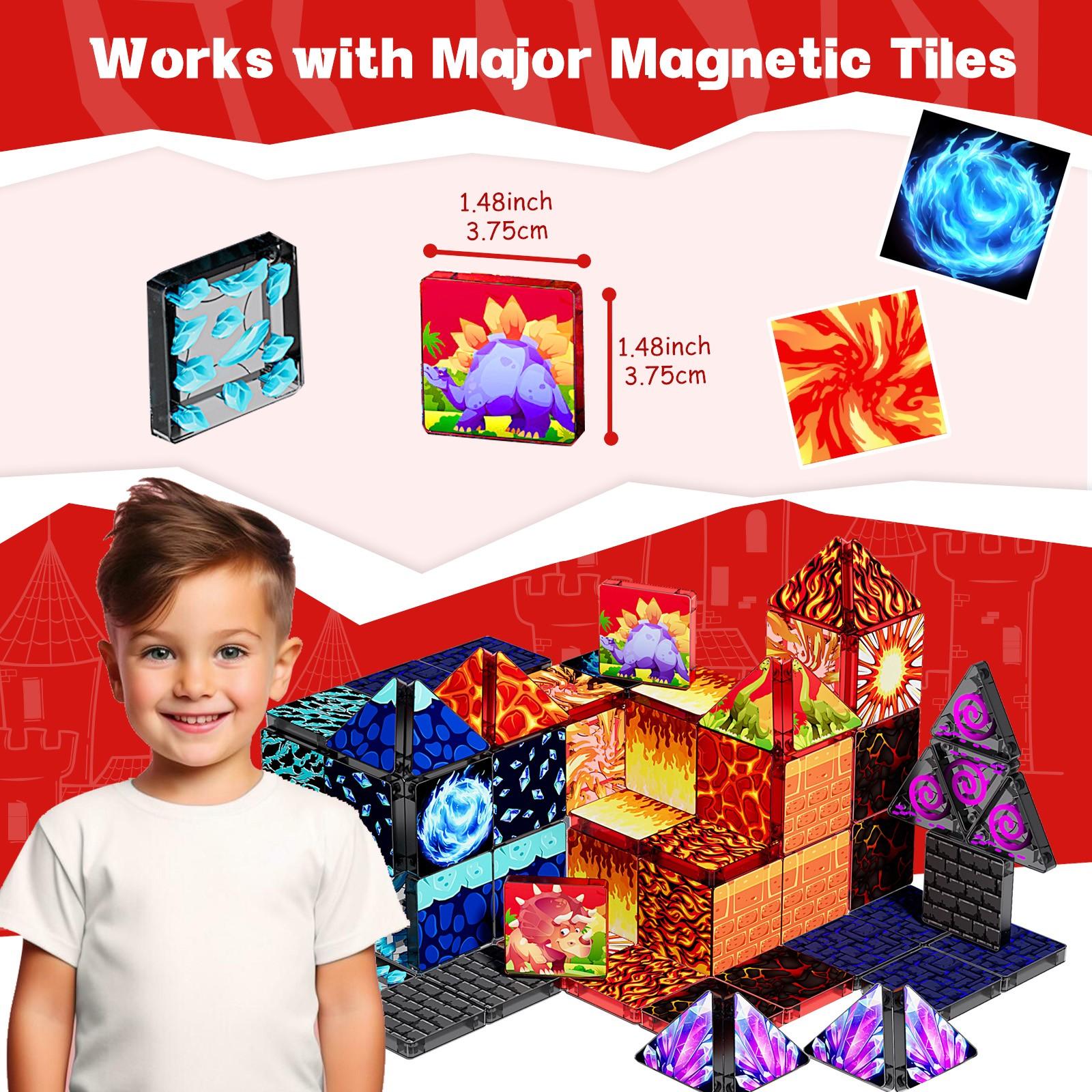 【New Sticker Set】60PCS,1.48inch Creative Sticker Magnetic Tiles,Jurassic Dinosaur Series，Magnet Building Blocks Cubes Construction Stacking Educational Assembly Toy Preschool STEM Play Creative Playboard for Toddler Kids Ages 3+,Kids Toys best gift