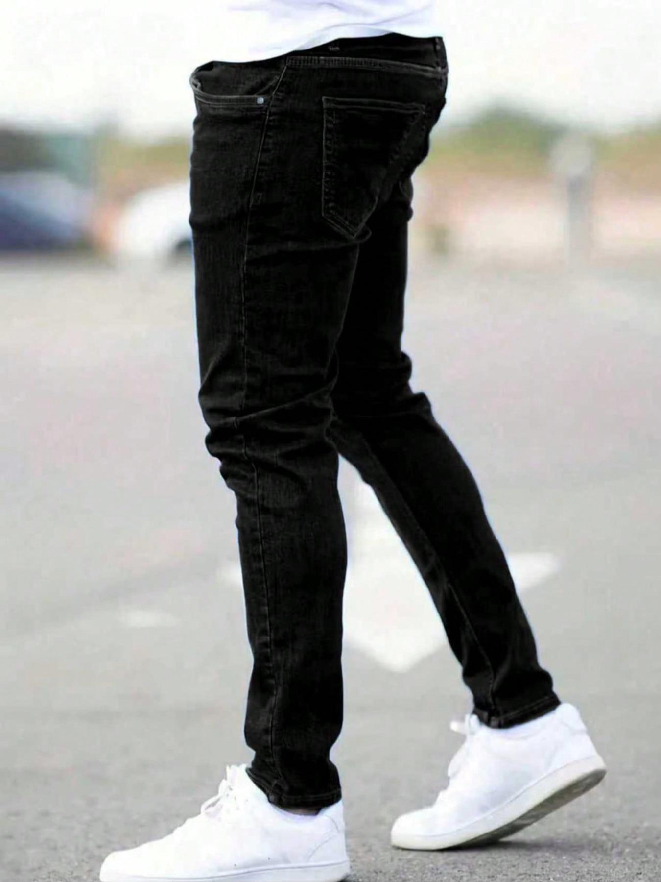 Men's Fitted Casual Solid Color Minimalist Jeans, Fashion Plain Pants, Elastic Straight Leg with Slant Pockets, Soft Cotton Fabric for All Seasons, Menswear elevated basics go to