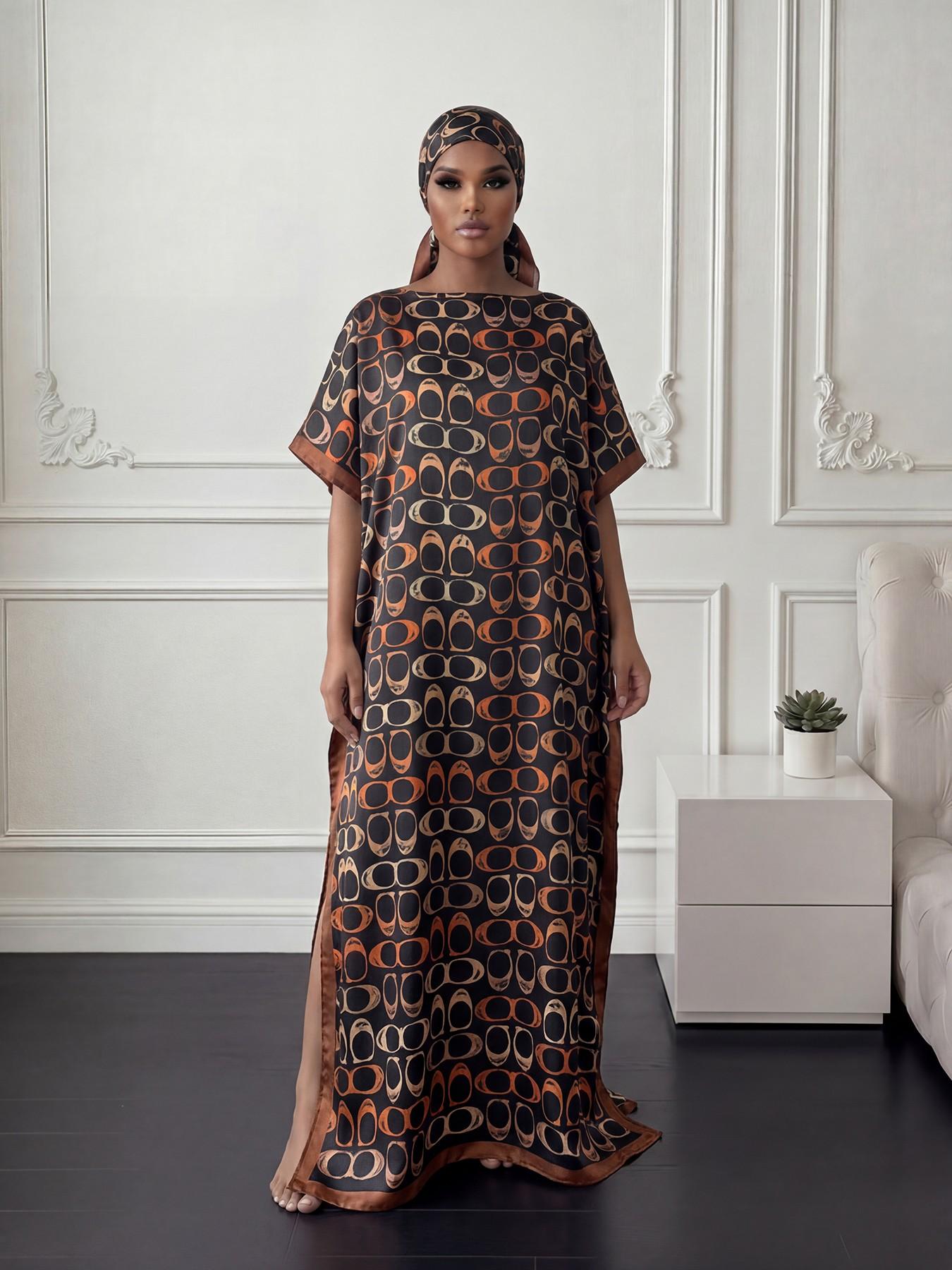 Elegant Geometric Print Robe Set, Long Dress with Headscarf, Sun Protection Silk Scarf, Women's Beachwear, Stylish and Comfortable