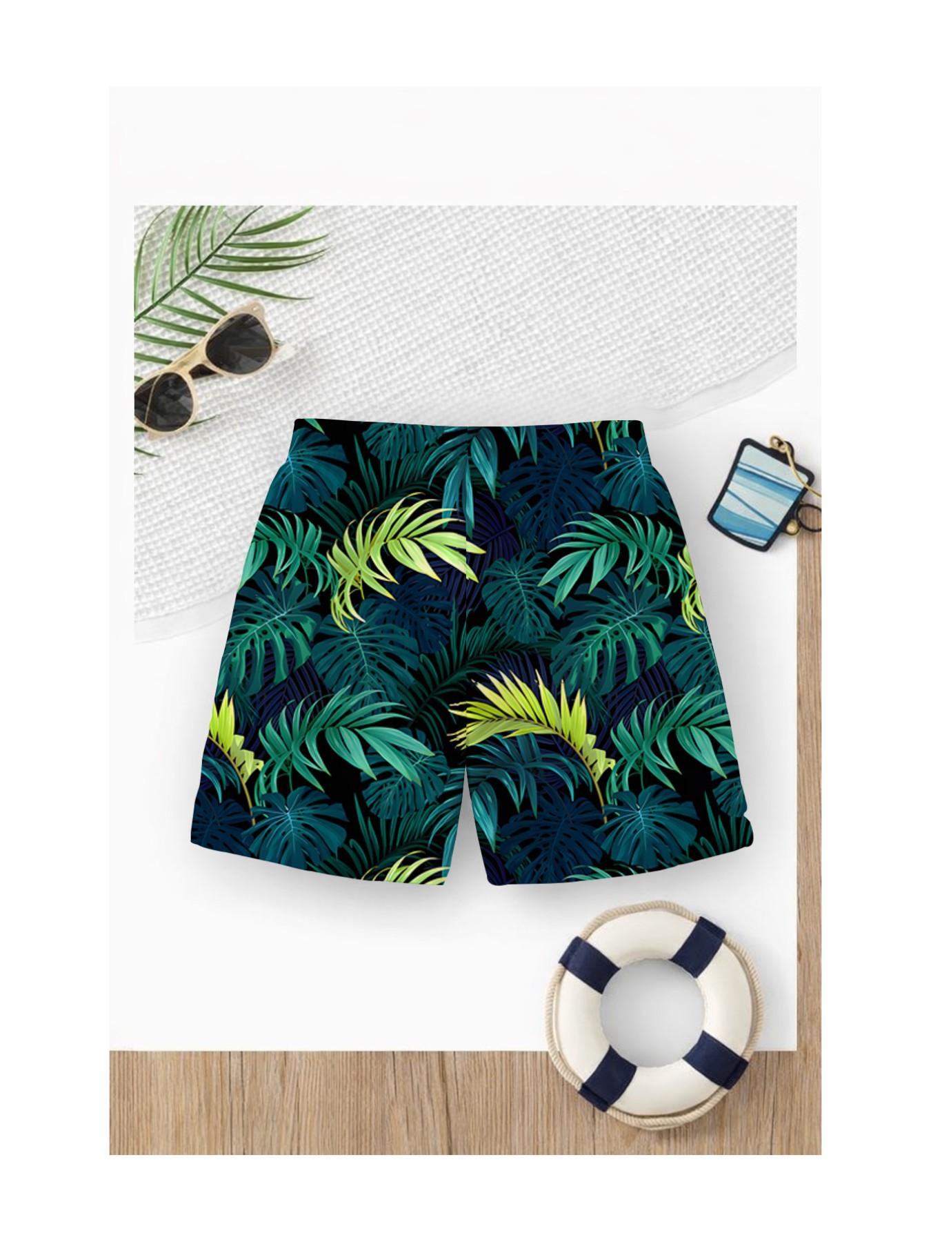 Summer Boys' Tropical Plant Print Drawstring Beach Pants, Loose Fit Short Swim Trunks, Casual Cartoon Pattern, Ideal for Vacation