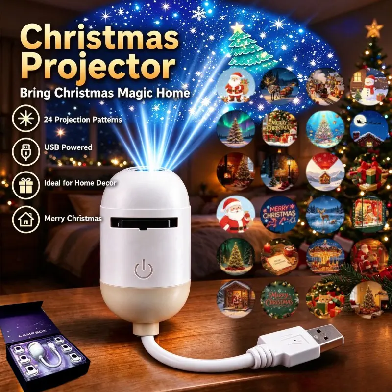 USB Christmas Projector Light equipped with slides of 12 or 24 festive Christmas patterns. Ideal indoor decor for home, bedrooms and holiday parties, making it a wonderful gift for your family, friends and children.