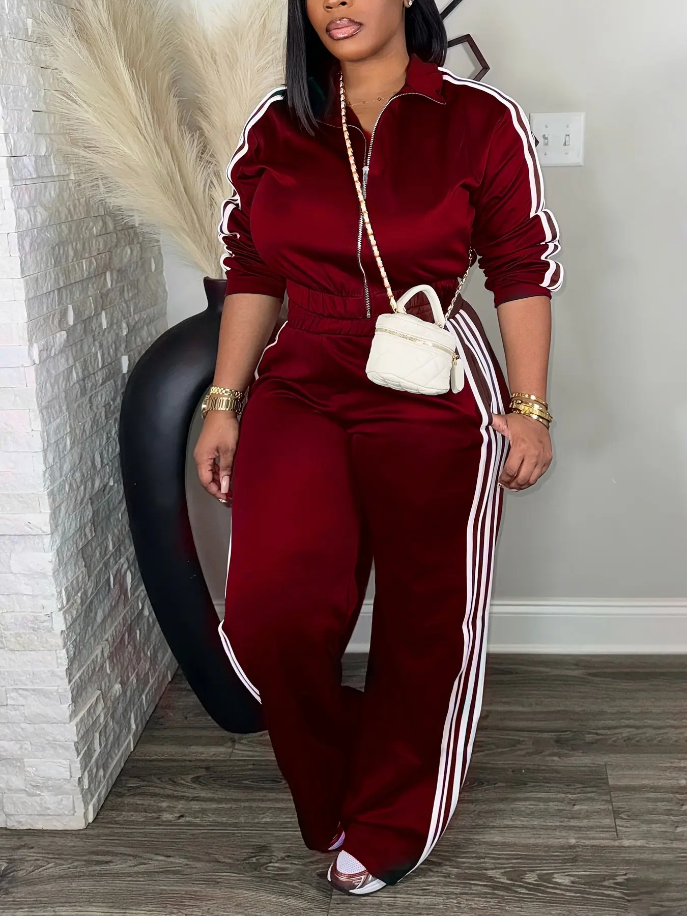 Classic Striped High-Waisted Sporty Slim-Fit Women's Two-Piece Set, Athleisure Outfit, Casual Winter Fashion, Solid Pattern, Unlined Suit