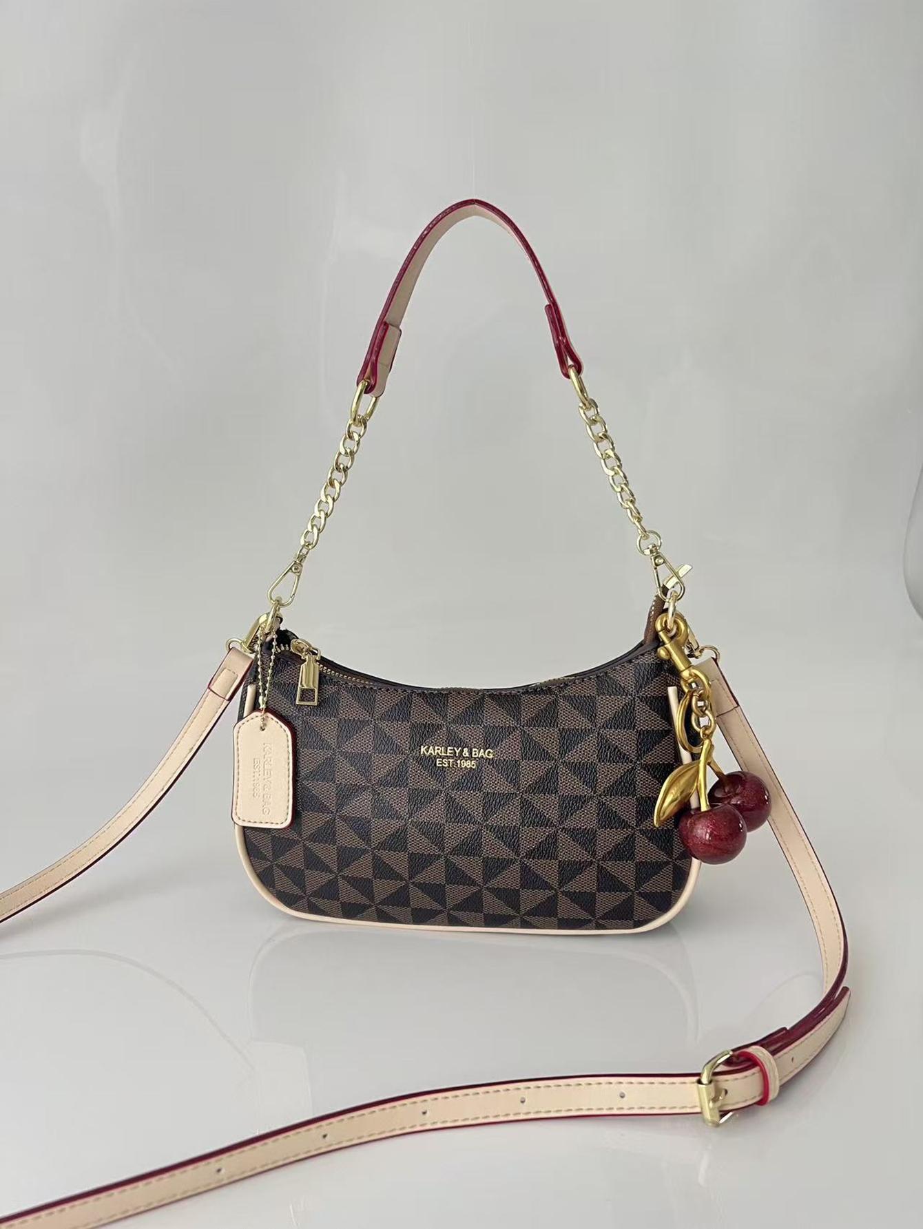 PU Leather Women's Bag, Versatile Chain Crescent Bag, Y2K Style Shoulder Clutch, Casual Summer Handbag with Pendant Charm, Crossbody Chain Bag