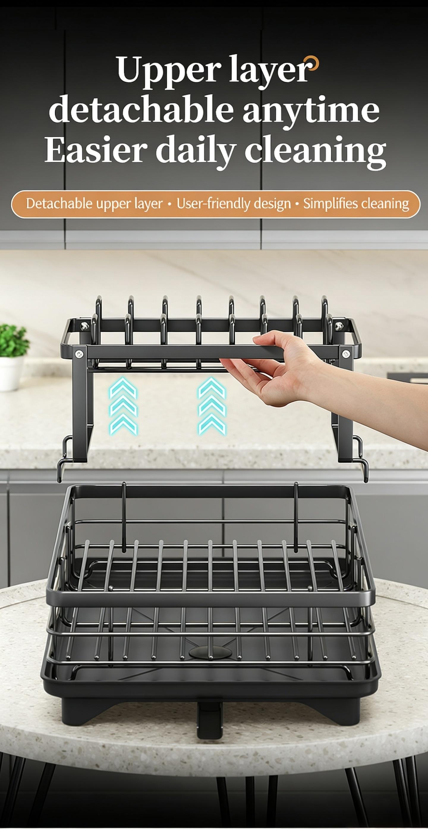 Two-Tier Large Metal Dish Rack for Kitchen Countertops, Space-Saving & Durable Design, Includes Slots for Knives Forks Cup Holders