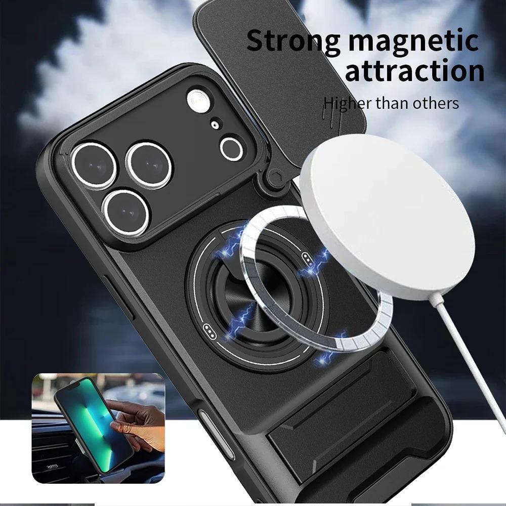 Phone Case: 3pcs Set[1 Phone Case+2 Screen Protectors] Luxury Multi-Functional Creative Push Window Rotating Ring Stand Phone Case Compatible with iPhone 17 16 15 14 13 12 11 Pro Max Plus Durable Fashion Magnetic Wireless Charging Shockproof Lens
