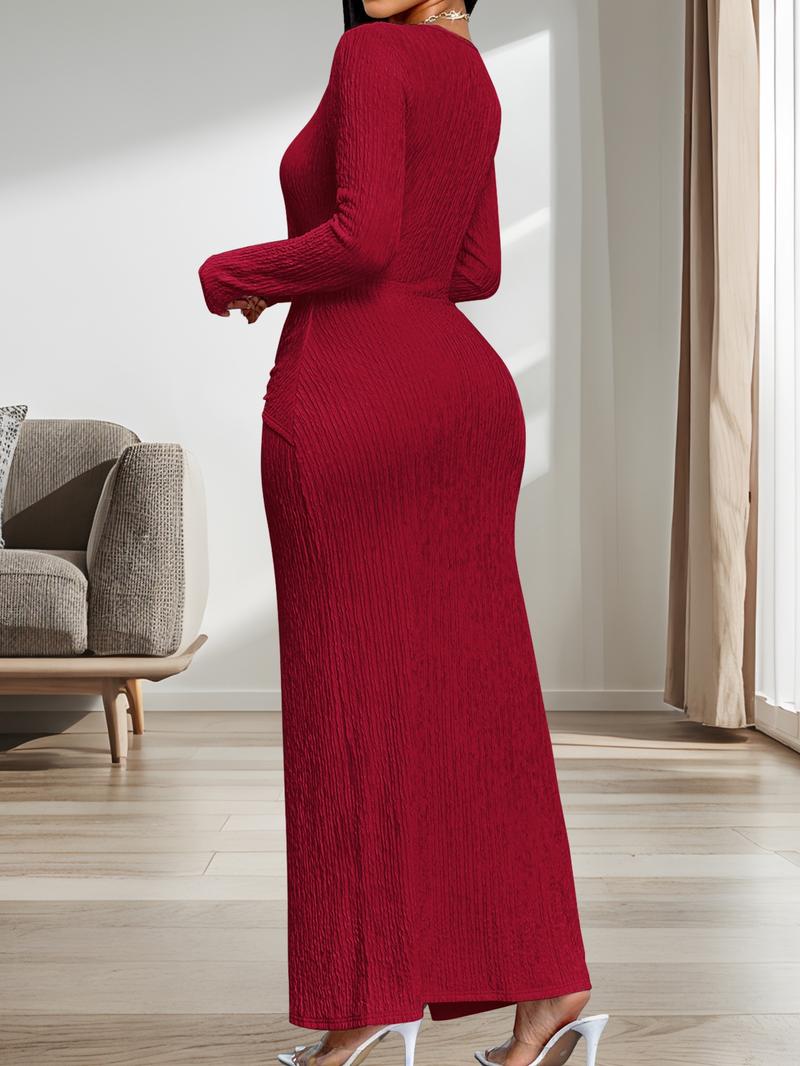 Aliling Women For Dresses Round Neck Long Sleeve Slim Fit Split Long Dresses Solid High Waist Bodycon Slim Female Elegant Party Clothing Casual